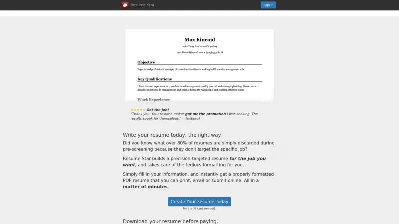 Homepage of Resume Star