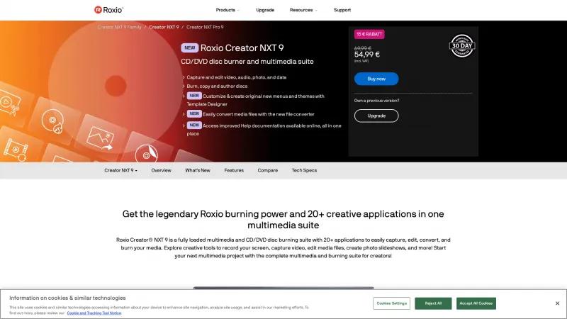 Homepage of Roxio Creator NXT 9