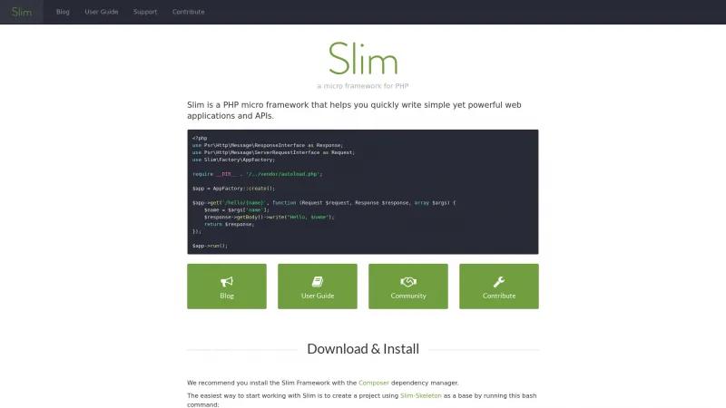 Homepage of Slim Framework