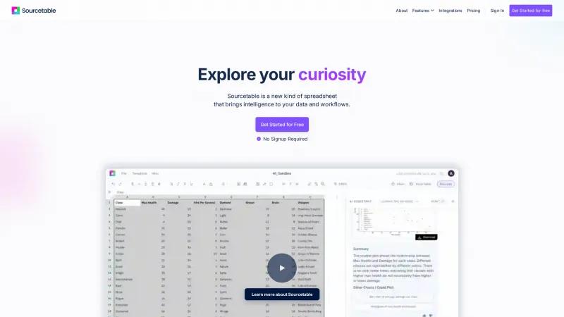 Homepage of Sourcetable