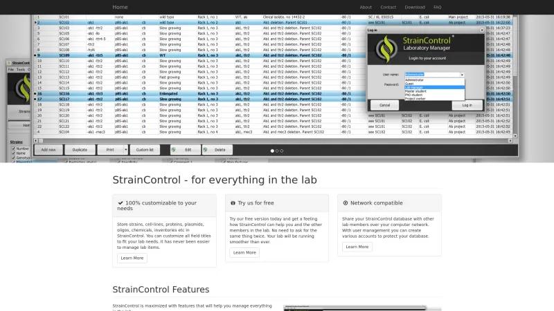 Homepage of StrainControl Laboratory Manager