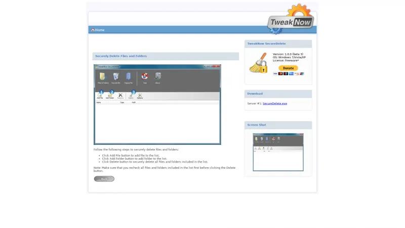 Homepage of TweakNow SecureDelete