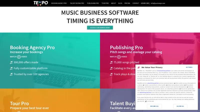 Homepage of Your Tempo Booking Agency Software