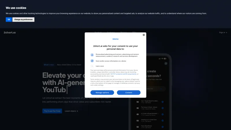 Homepage of 2short.ai