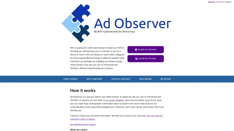 Homepage of Ad Observer