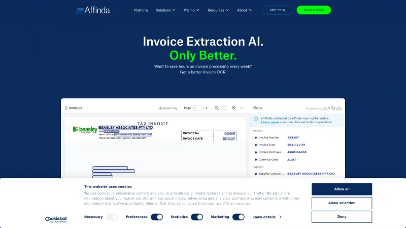 Homepage of Affinda Invoice Extractor