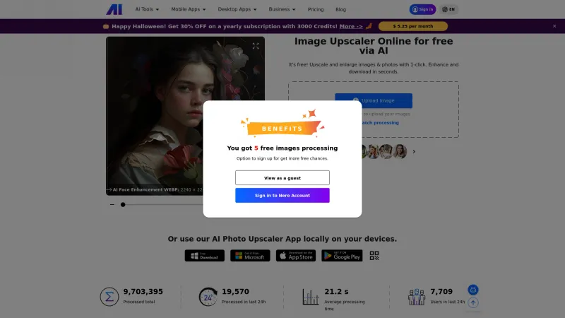 Homepage of Nero AI Image Upscaler