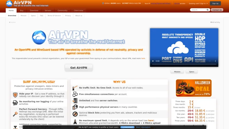 Homepage of AirVPN