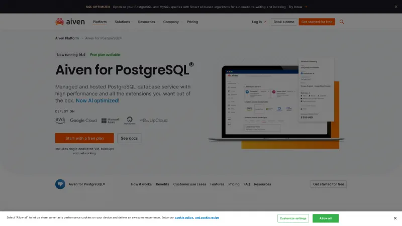 Homepage of Aiven for PostgreSQL