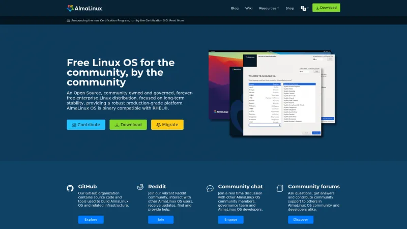 Homepage of AlmaLinux