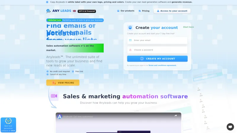 Homepage of Anyleads