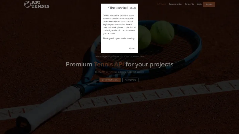 Homepage of API Tennis