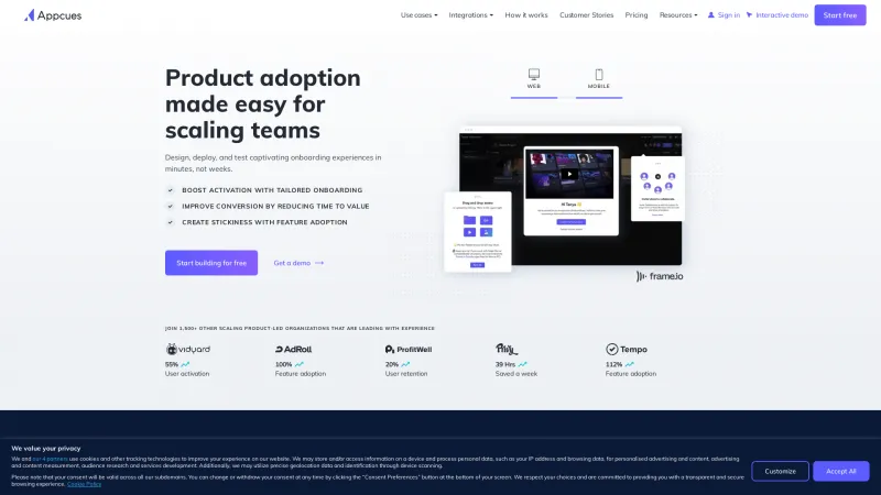 Homepage of Appcues