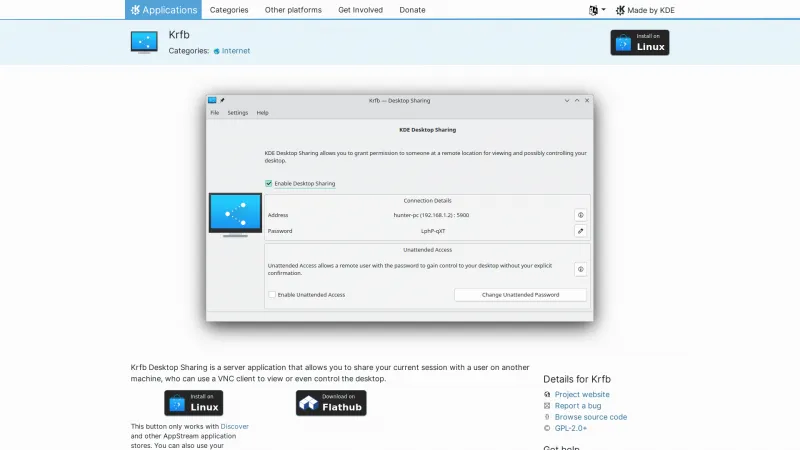Homepage of Krfb Desktop Sharing