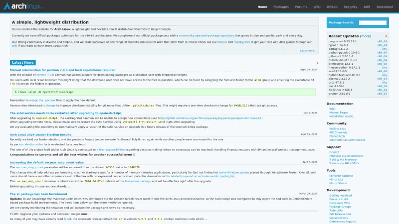 Homepage of Arch Linux