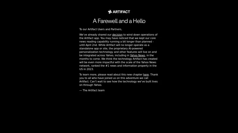 Homepage of Artifact