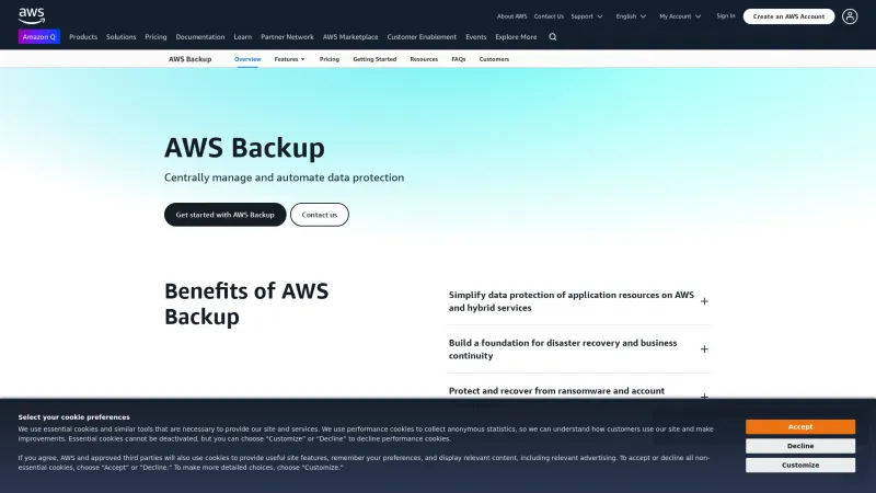 Homepage of AWS Backup