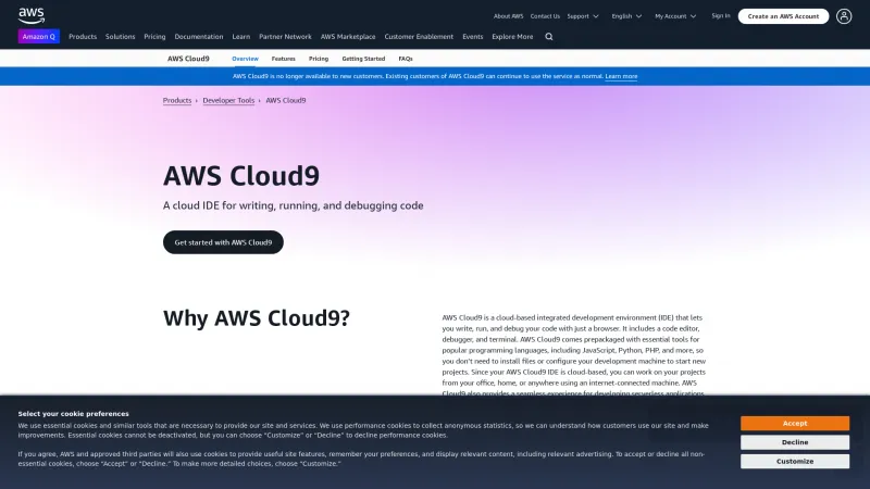 Homepage of AWS Cloud9