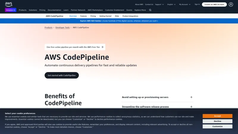 Homepage of AWS CodePipeline