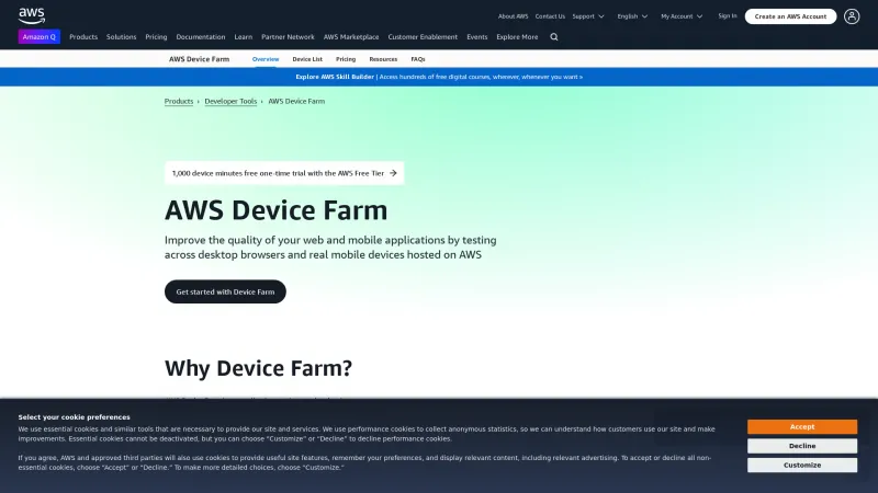 Homepage of AWS Device Farm