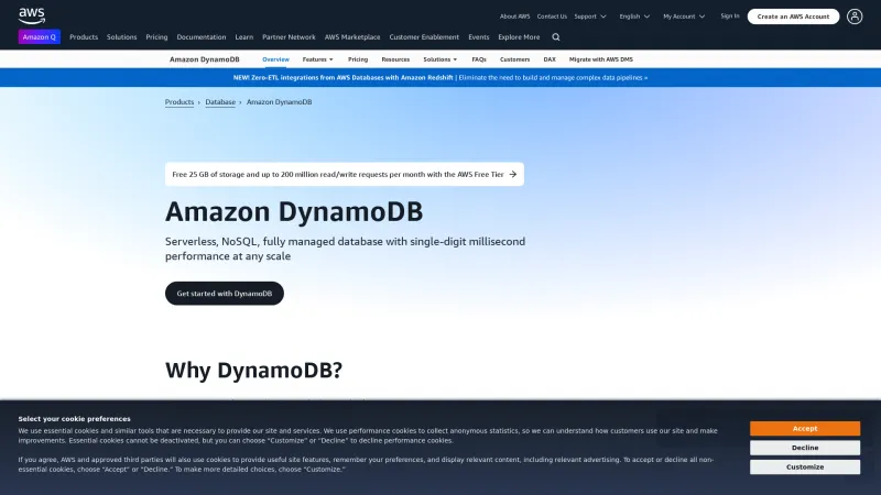 Homepage of Amazon DynamoDB