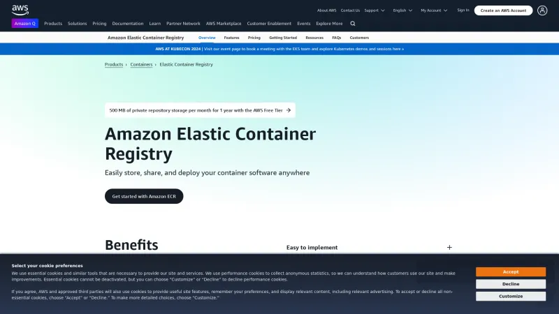 Homepage of Amazon Elastic Container Registry (ECR)