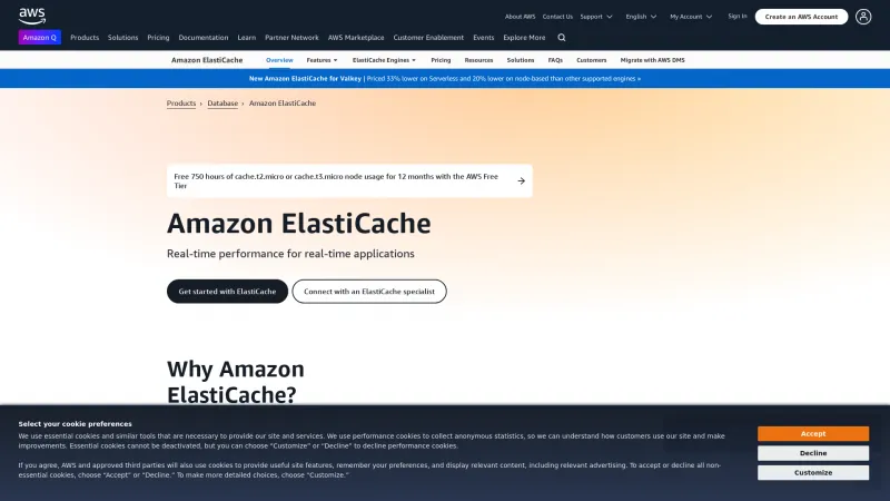 Homepage of Amazon ElastiCache