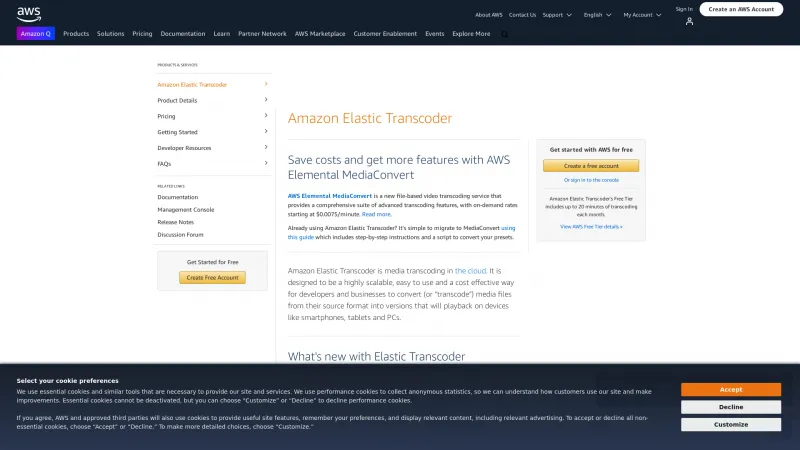 Homepage of Amazon Elastic Transcoder