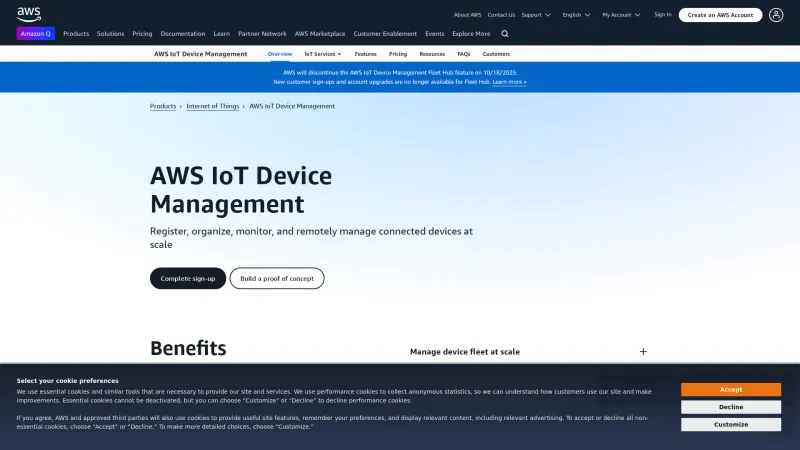 Homepage of AWS IoT Device Management