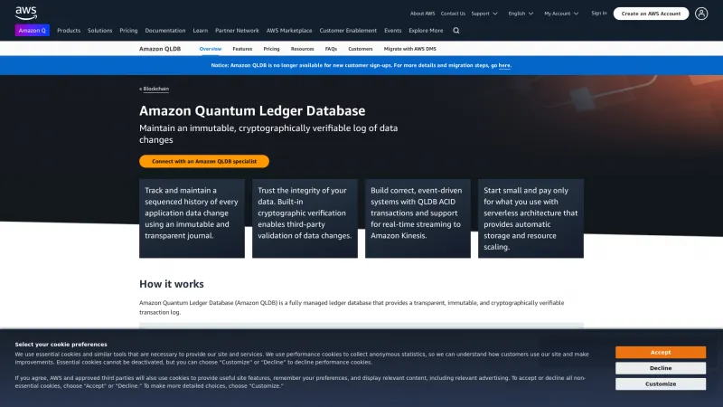 Homepage of Amazon Quantum Ledger Database (QLDB)