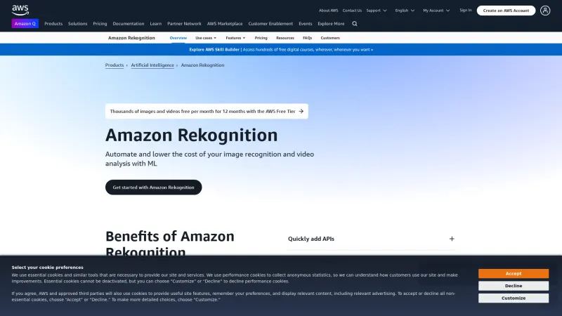 Homepage of Amazon Rekognition