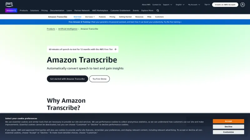 Homepage of Amazon Transcribe