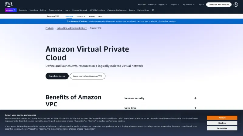 Homepage of Amazon Virtual Private Cloud