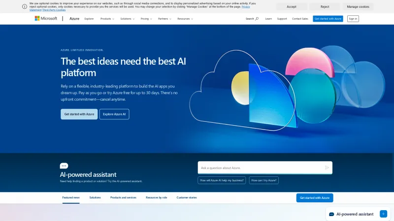 Homepage of Microsoft Azure