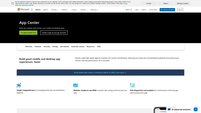 Homepage of Azure App Center