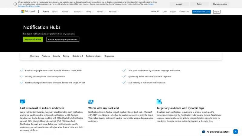 Homepage of Azure Notification Hubs