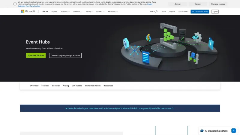 Homepage of Azure Event Hubs