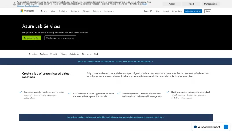 Homepage of Azure Lab Services