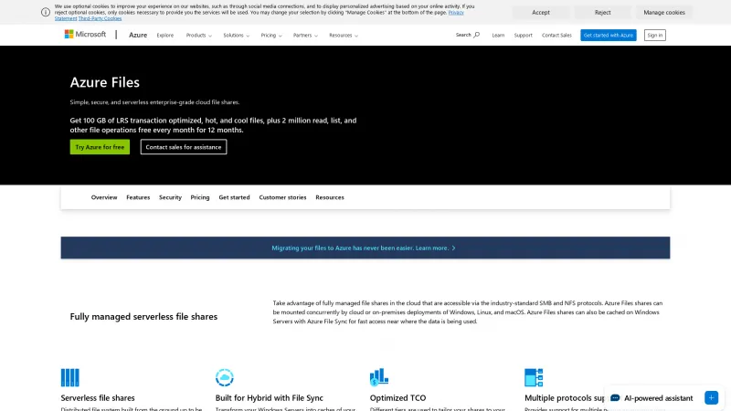 Homepage of Azure Files