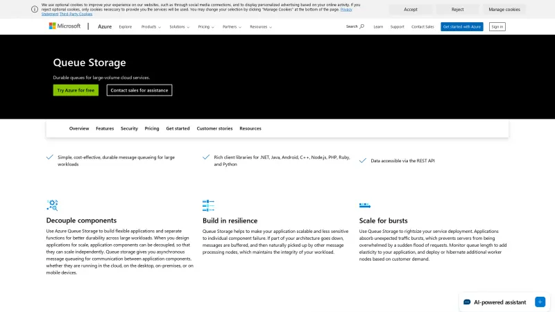 Homepage of Azure Queue Storage