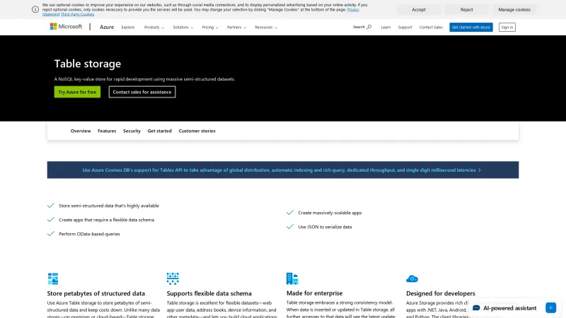 Homepage of Azure Table Storage