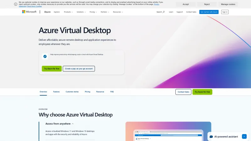 Homepage of Azure Virtual Desktop