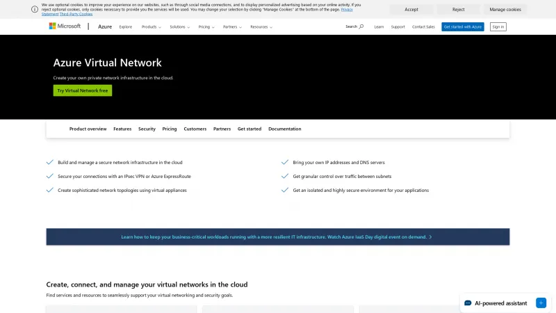 Homepage of Azure Virtual Network