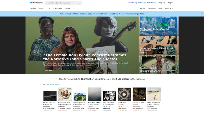 Homepage of Bandcamp