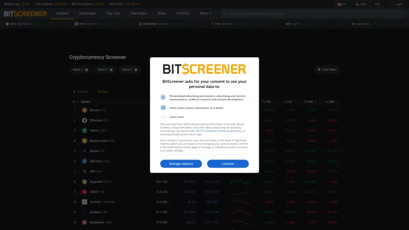 Homepage of BitScreener