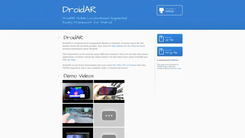 Homepage of DroidAR