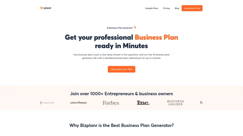 Homepage of Bizplanr