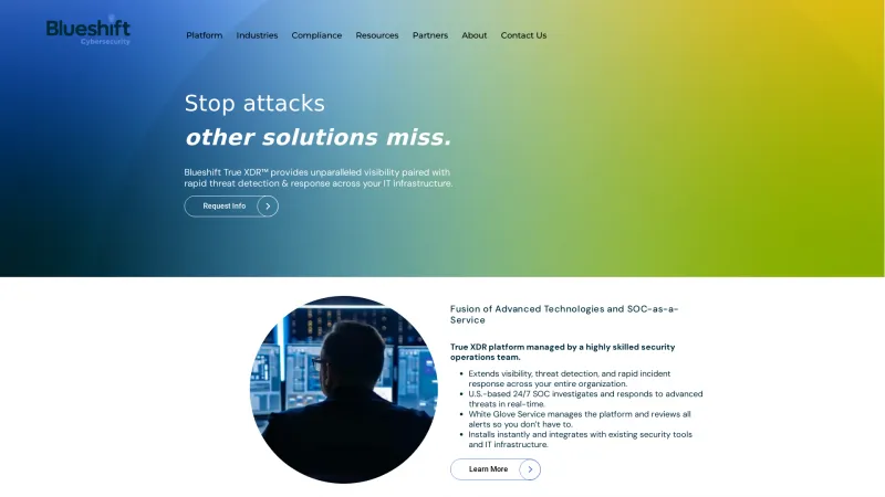 Homepage of Blueshift Cybersecurity