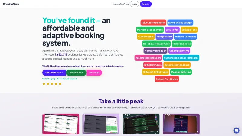 Homepage of BookingNinja