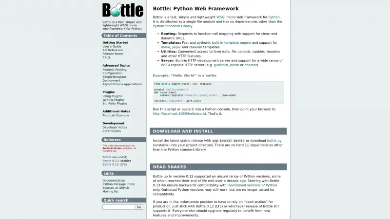 Homepage of Bottle